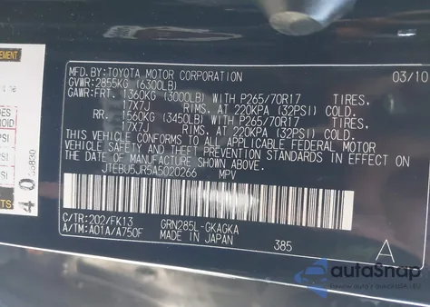 2010 Toyota 4Runner Sr5 V6 z USA, uszkodzony, nr VIN JTEBU5JR5A5020266